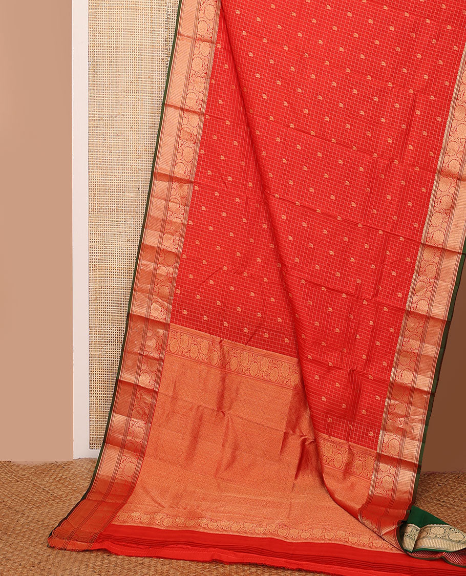 Red checked & zari buttas silk saree, zari border of rekku,banaras,muthu & kodi visiry designs & jaal pallu