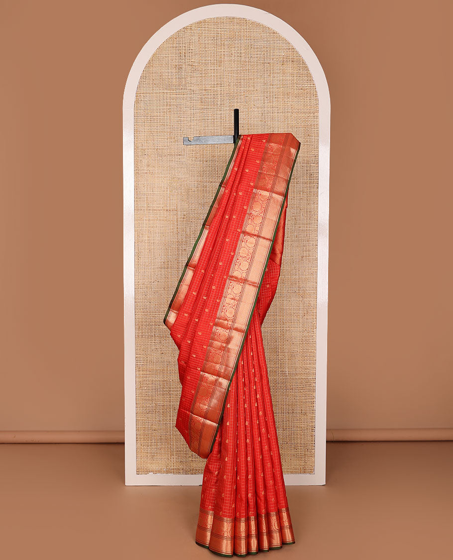 Red checked & zari buttas silk saree, zari border of rekku,banaras,muthu & kodi visiry designs & jaal pallu