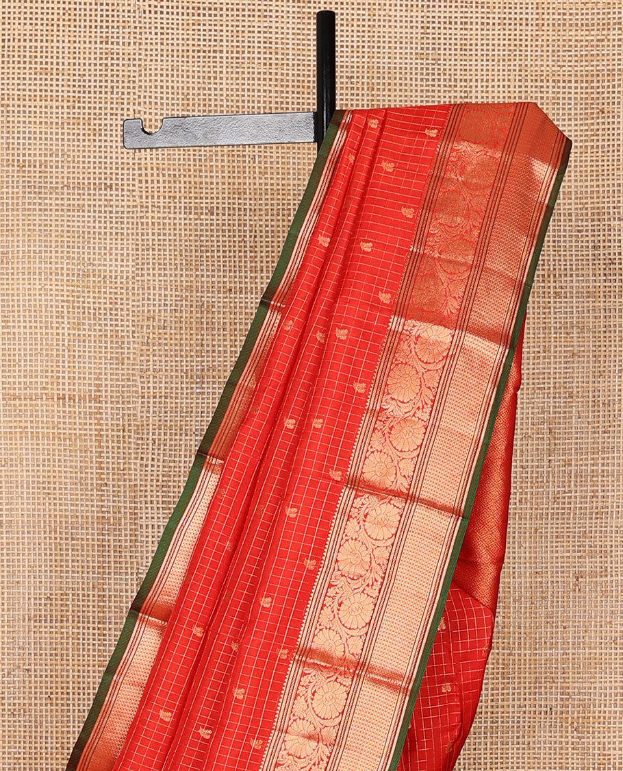 Red checked & zari buttas silk saree, zari border of rekku,banaras,muthu & kodi visiry designs & jaal pallu