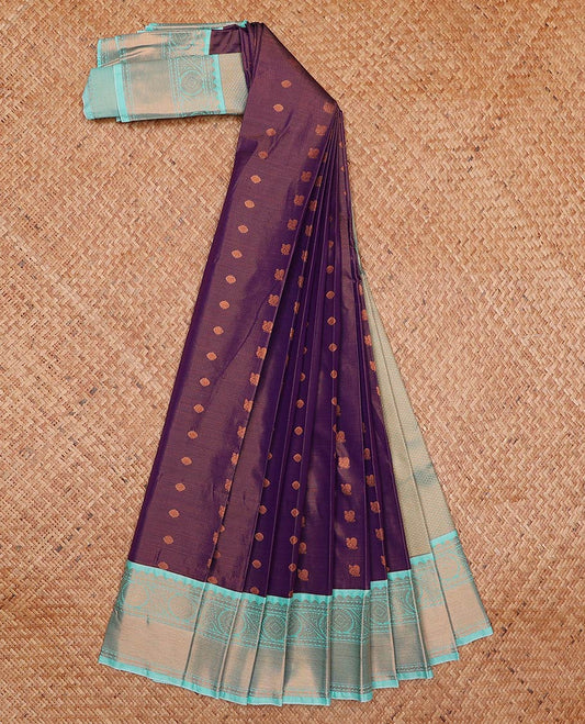 Violet zari buttas and striped gift saree, contrast traditional zari design border, and jaal pallu