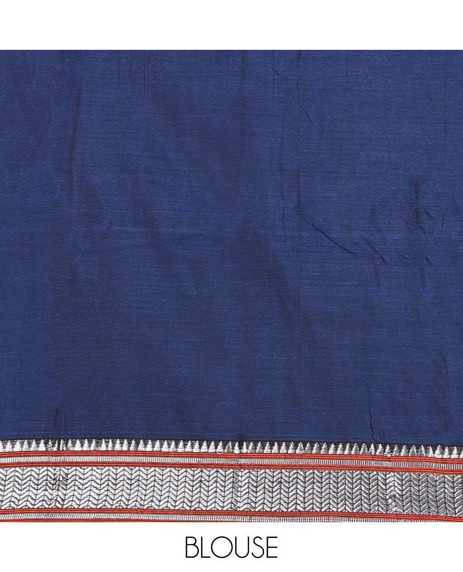 Navy blue cotton half-saree, plain with contrast geometric bordered skirt, matching blouse, and contrast geometric bordered dhavani