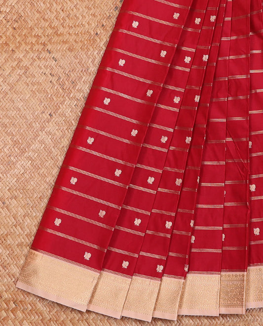 Red Budget Silk Saree Spotlighted with Zari Stripes and Peacock Buttas, Complemented by a Contrast Traditional Zari-Motif Woven Small Border, Featuring a Subtly Woven Jaal Pallu, and Paired with a Contrast Blouse