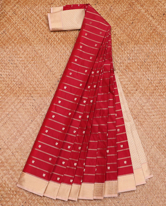 Red Budget Silk Saree Spotlighted with Zari Stripes and Peacock Buttas, Complemented by a Contrast Traditional Zari-Motif Woven Small Border, Featuring a Subtly Woven Jaal Pallu, and Paired with a Contrast Blouse