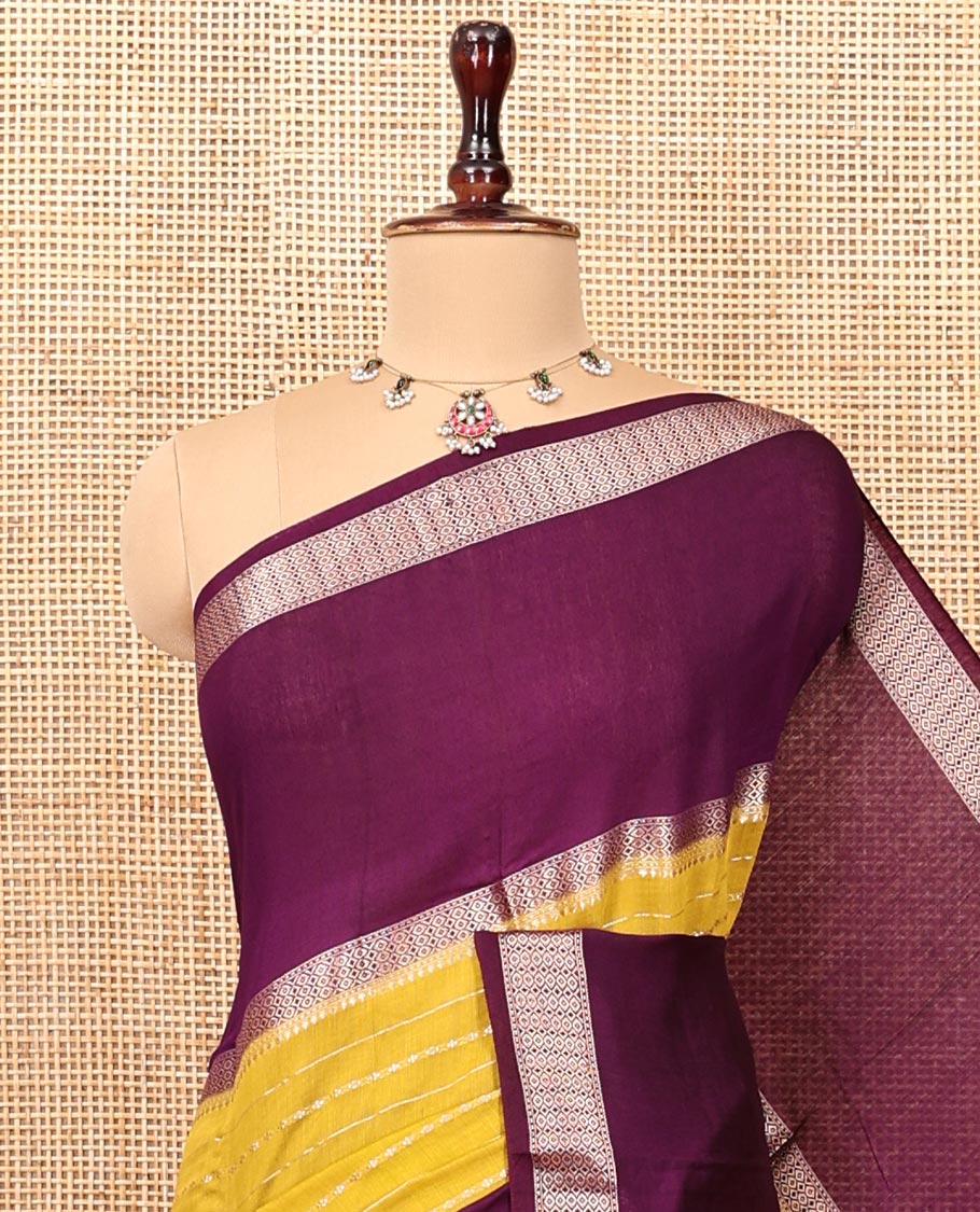 Yellow Assam Silk Saree, Enthralled with Stripes, Complemented by a Contrast Traditional Border, Zari-Striped Pallu, and a Contrast Blouse