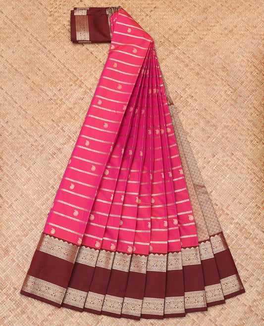 Pink Budget Silk Saree, Detailed with Zari Stripes and Paisley Buttas, a Contrast Traditional Zari Rettai Pettu Border, Grand Pallu, and a Contrast Blouse