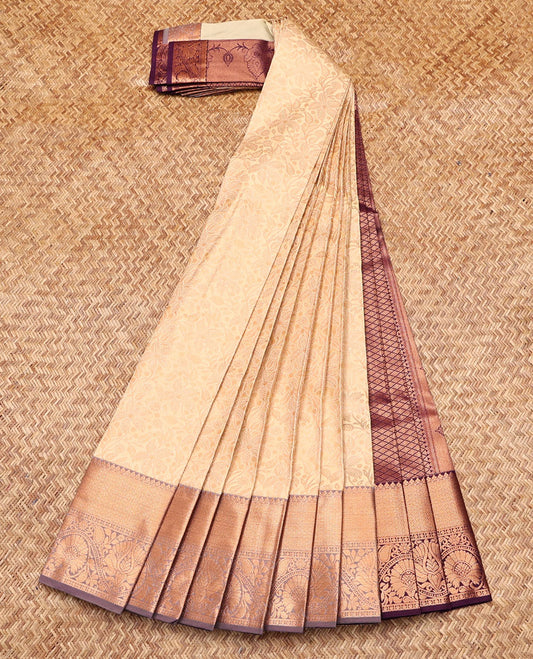Sandal Budget Silk Saree, Sparsely Woven with Jacquard, Contrast Traditional Zari Border, Grand Pallu, and a Contrast Blouse