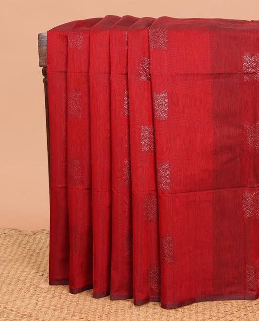 Borderless red zari buttas semi-silk cotton saree, contrast intricate pallu