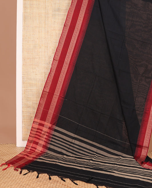 Black plain Narayanapet cotton saree, contrast temple rettai pettu traditional motifs woven border, and striped pallu