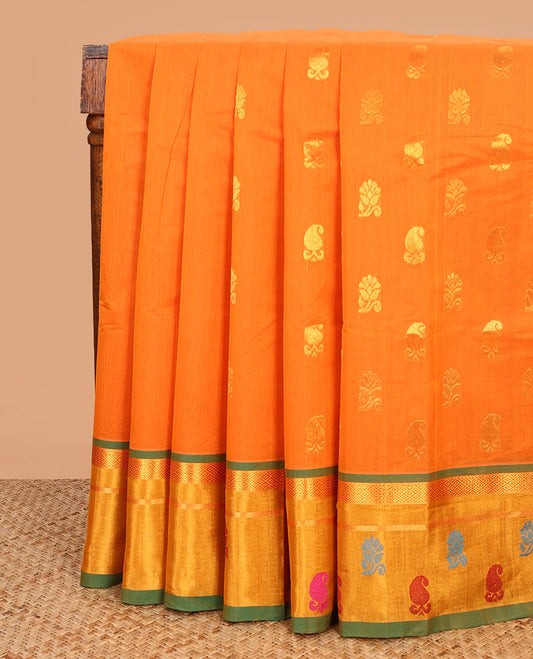 Orange paisley buttas Venkatagiri cotton saree, contrast zari and multi-color thread buttas woven border and pallu of zari stripes