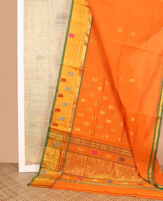 Orange paisley buttas Venkatagiri cotton saree, contrast zari and multi-color thread buttas woven border and pallu of zari stripes