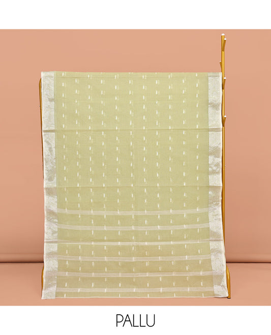 Pale Green Bengal Cotton Saree, Subtly Sparkled with Buttas All Over Its Body, Complemented by a Contrast Paisley Zari Design Border, Pallu of Stripes, and Paired with a Matching Blouse