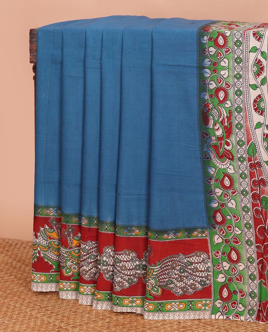 Blue plain machine-printed kalamkari cotton saree, contarst peacocks printed border & pallu of peacock & floral vine print
