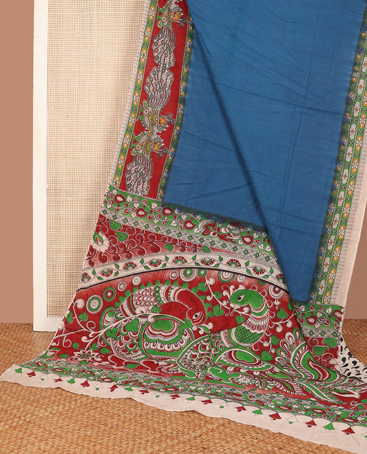 Blue plain machine-printed kalamkari cotton saree, contarst peacocks printed border & pallu of peacock & floral vine print