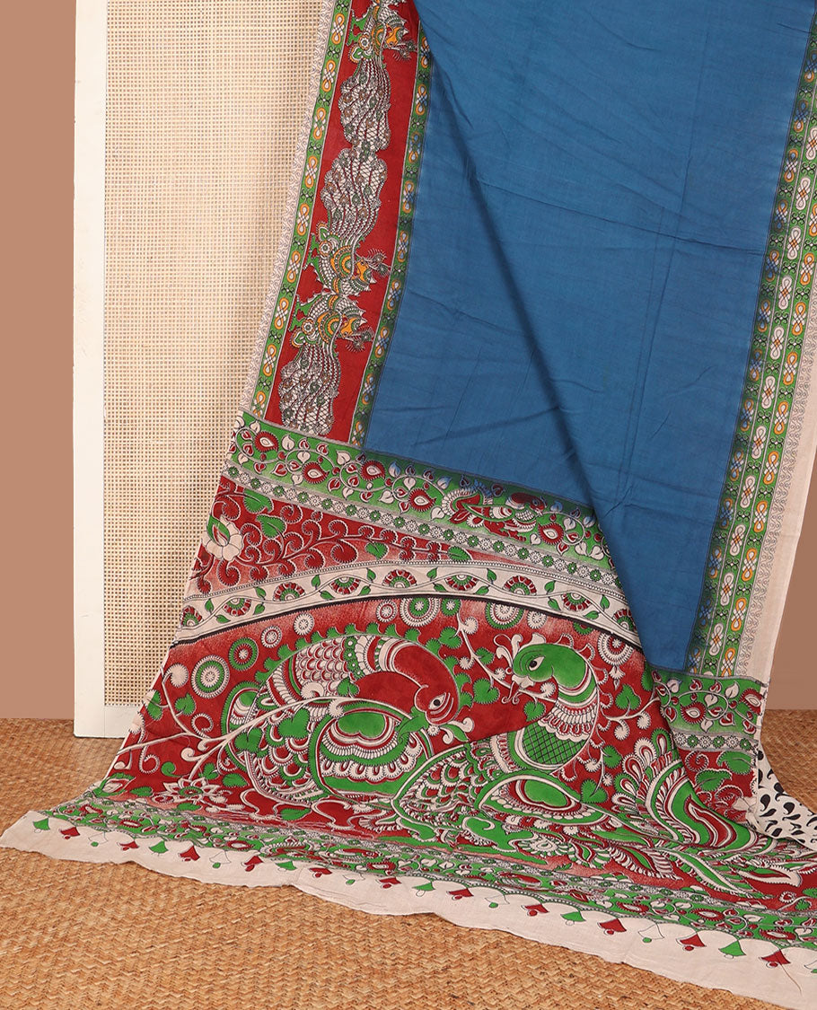 Blue plain machine-printed kalamkari cotton saree, contarst peacocks printed border & pallu of peacock & floral vine print