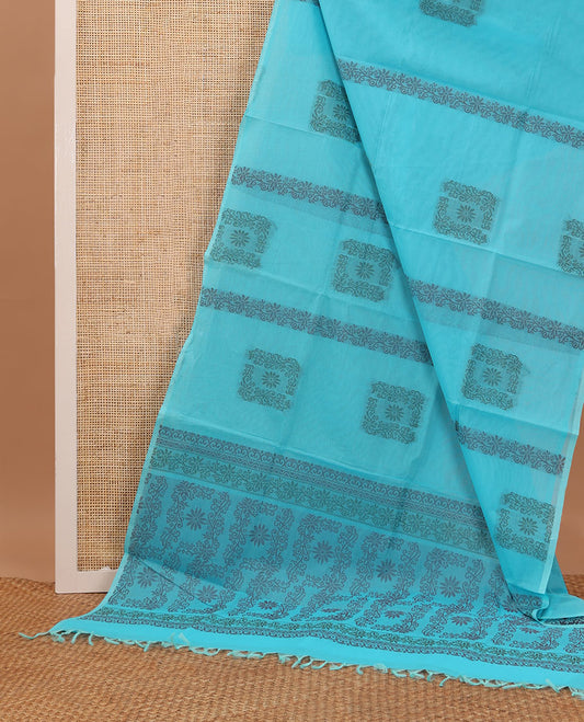 Borderless blue stripes & square buttas Coimbatore cotton saree, self-pallu of floral design