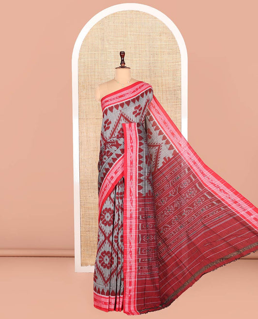 Grey Odisha Cotton Saree, Woven with Diamond-Floral Designs All Over the Body, Complemented by a Contrast Temple Border of Geometric Patterns, Pallu Features Floral Design in Hazily Weave, and Has No Blouse