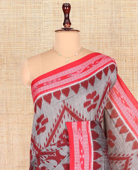 Grey Odisha Cotton Saree, Woven with Diamond-Floral Designs All Over the Body, Complemented by a Contrast Temple Border of Geometric Patterns, Pallu Features Floral Design in Hazily Weave, and Has No Blouse
