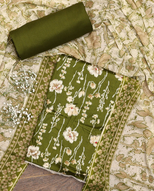 Olive material chudidar set, floral motifs printed top, plain bottom, and floral printed dupatta