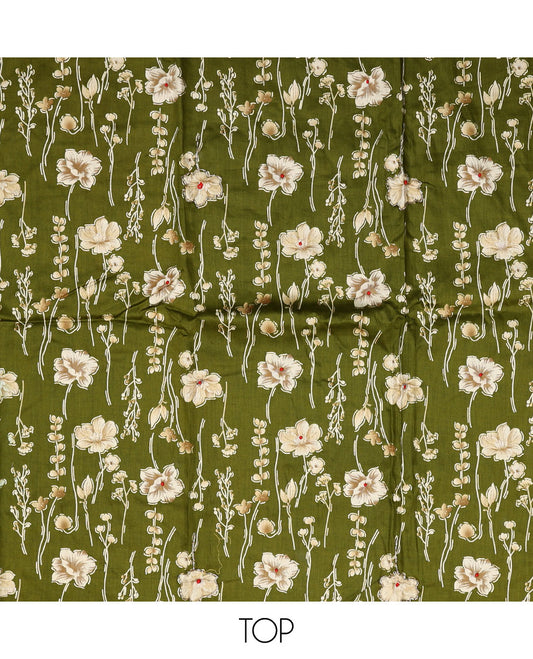 Olive material chudidar set, floral motifs printed top, plain bottom, and floral printed dupatta