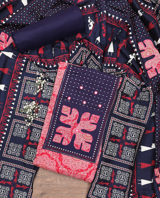 Red Material Chudidar Set, Decked Up with Intricately Printed and Neck Work on Cotton Top, a Contrast Plain Cotton Bottom, and Paired with a Warli-Printed Cotton Dupatta