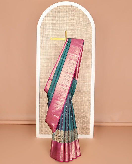 Ramar blue zari buttas Vasundhara silk mix saree, contrast traditional zari border & pallu steeped with traditional Kanchi motifs in zari