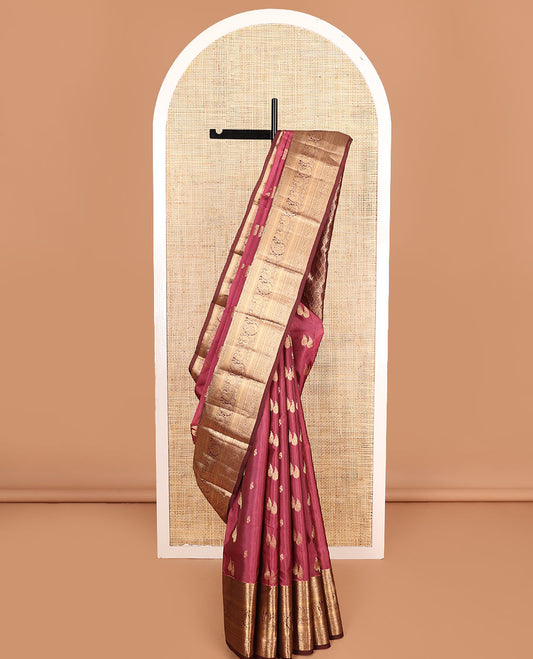 Pink zari buttas Vasundhara silk mix saree, contrast border of manga mokku, muthu, poun, kodi visiry, mayil,  and star designs, and intricately zari woven pallu