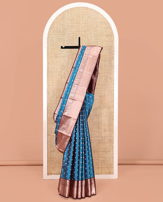 Blue Vasundhara Lite Silk Mix Saree, Embellished with Zari Buttas All Over Its Body, Complemented by Contrast Border of Kodi Visiry Designs, Grandly Decked Up Pallu and Paired with a Contrast Blouse