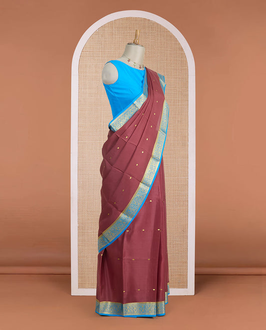 Maroon zari buttas Mysore silk saree, contrast floral vine design zari border & zari buttas pallu