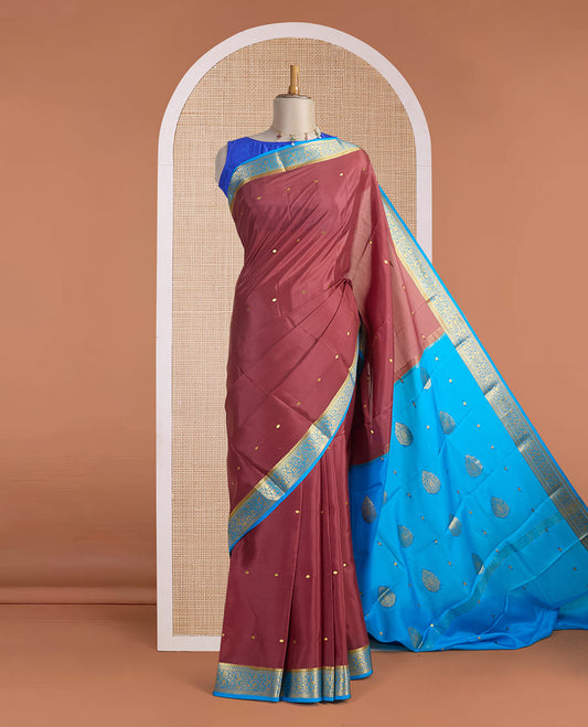 Maroon zari buttas Mysore silk saree, contrast floral vine design zari border & zari buttas pallu