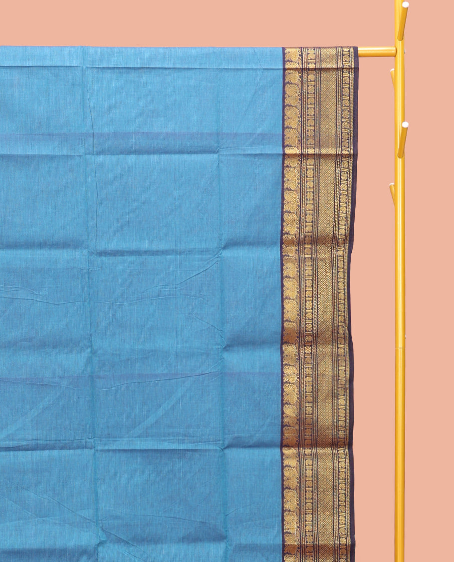 Blue Plain Chettinad Cotton Saree, Complemented by a Contrast Traditional Zari Design Border, Pallu of Stripes, and Paired with a Matching Blouse