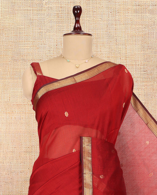 Red Maheshwari Cotton Saree, Adorned with Zari Buttas, a Contrast Traditional Zari Border, Pallu of Zari Stripes and Buttas, and a Matching Blouse