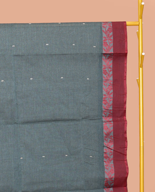 Grey Bengal Cotton Saree, Featuring Buttas, Contrast Floral Creeper Border, a Pallu of Stripes and Buttas, and a Matching Blouse