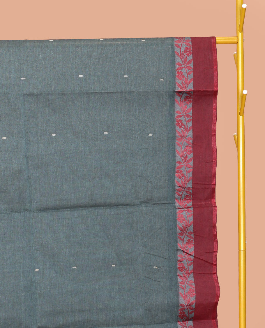Grey Bengal Cotton Saree, Featuring Buttas, Contrast Floral Creeper Border, a Pallu of Stripes and Buttas, and a Matching Blouse
