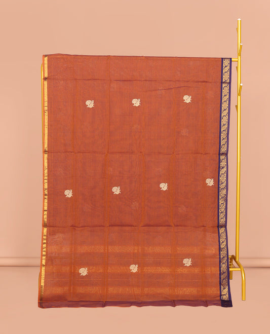 Orange Venkatagiri Cotton Saree Features Peacock Buttas, a Contrast Floral Creeper Zari Border, Pallu of Buttas and Stripes, and No Blouse