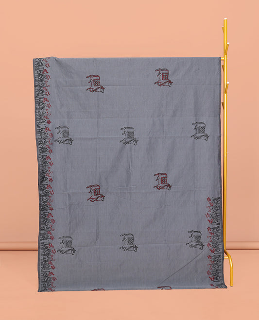 Grey Poly Cotton Saree, Adorned with Pichwai Cow and Floral Print, a Self-Pallu, and a Contrast Warli Print Blouse
