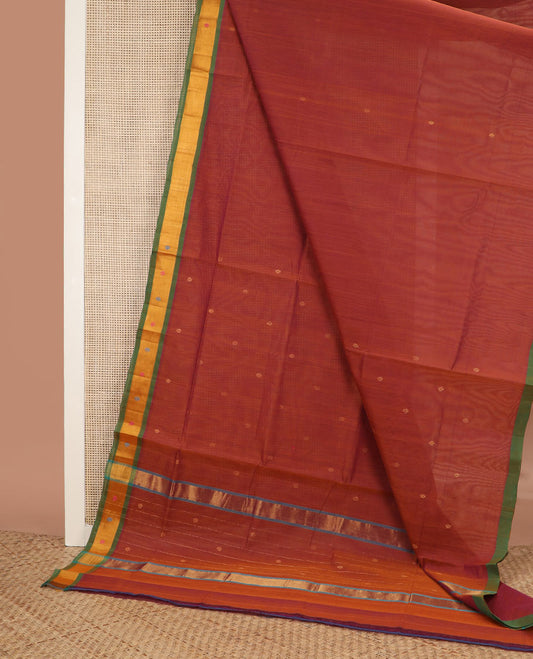 Light orange zari buttas Venkatagiri cotton saree, contrast meena buttas border & pallu of zari stripes