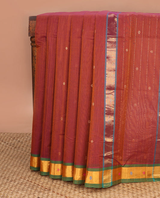 Light orange zari buttas Venkatagiri cotton saree, contrast meena buttas border & pallu of zari stripes