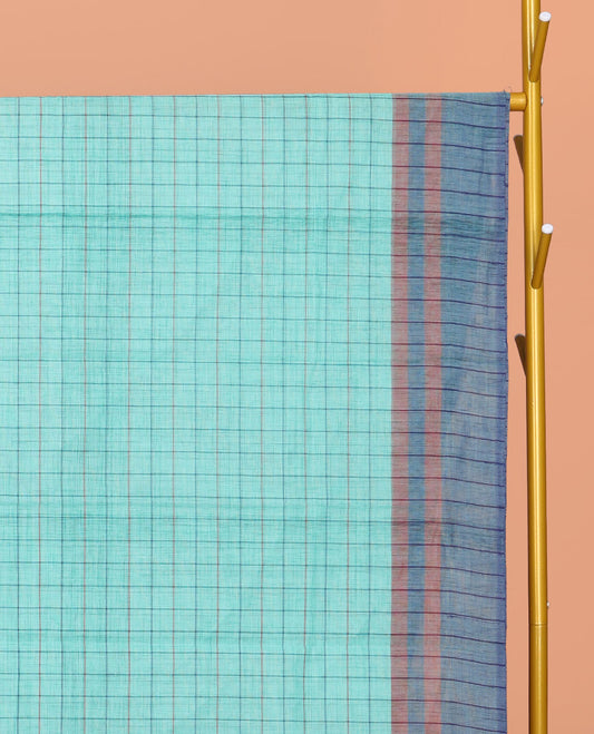 Blue Checked Chirala Cotton Saree, a Contrast Border, Striped Pallu, and a Contrast Blouse