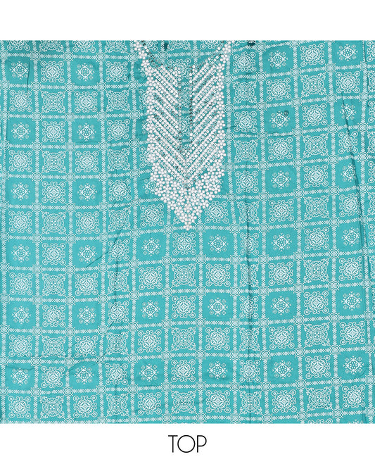 Blue Material Chudidar Set, Elevated with Intricately Printed and Neck Embroidery on Rayon Top, a Contrast Polka Dot Printed Bottom, and Paired with Embroidered Chiffon Dupatta