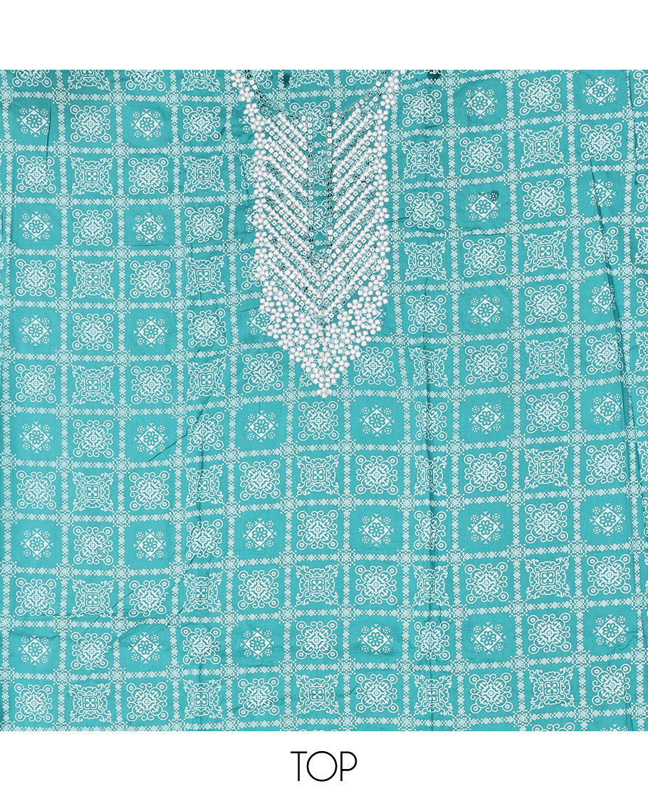 Blue Material Chudidar Set, Elevated with Intricately Printed and Neck Embroidery on Rayon Top, a Contrast Polka Dot Printed Bottom, and Paired with Embroidered Chiffon Dupatta