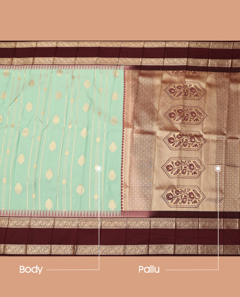 Green Budget Silk Saree, Adorned with Buttas and Stripes, Contrast Traditional Zari Rettai Pettu Border, Grand Pallu, and a Contrast Blouse