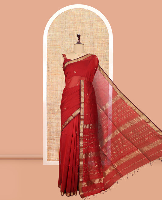 Red Maheshwari Cotton Saree, Adorned with Zari Buttas, a Contrast Traditional Zari Border, Pallu of Zari Stripes and Buttas, and a Matching Blouse
