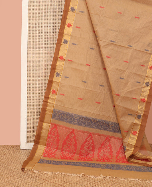 Sandal Kanchi Cotton Saree, Graced with Thread Buttas All Over Its Body, Complemented by Contrast Zari-Thread Work Border, Pallu Featuring Intricate Designs, and Paired with a Matching Blouse