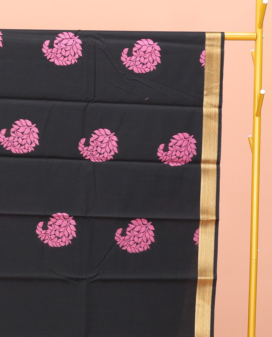 Black Semi-Silk Cotton Saree, Elevated with Paisley Zari Buttas All Over Its Body, Highlighted by a Zari Border, Pallu of Floral and Paisley Design, and Paired with a Matching Blouse