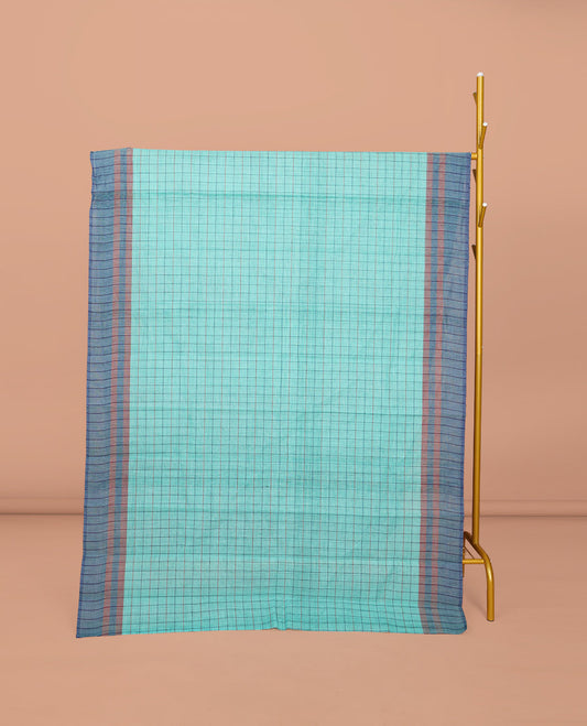 Blue Checked Chirala Cotton Saree, a Contrast Border, Striped Pallu, and a Contrast Blouse