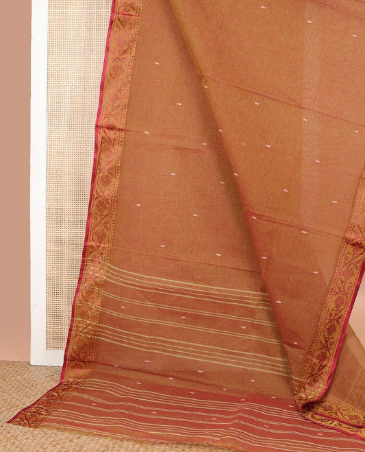 Brown motifs bengal cotton saree with contrast floral design border & striped, motifs pallu
