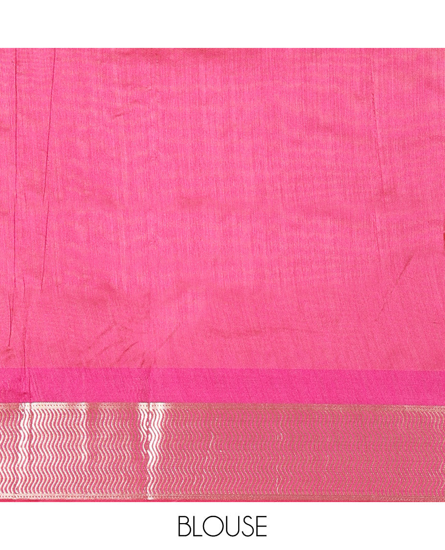 Yellow Semi-Raw Silk Saree, Accentuated with Buttas All Over Its Body, Complemented by Contrast Meenakari-Style Woven Border of Geometric Zari Designs, Majestically Detailed Pallu, and Paired with a Contrast Blouse