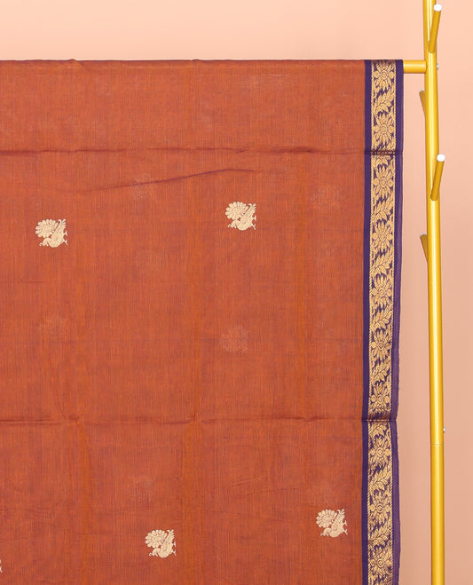Orange Venkatagiri Cotton Saree Features Peacock Buttas, a Contrast Floral Creeper Zari Border, Pallu of Buttas and Stripes, and No Blouse