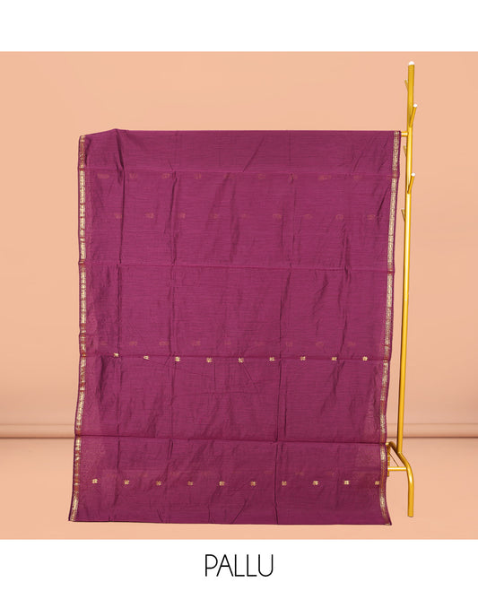 Purple Maheshwari Cotton Saree, Woven with Buttas All Over Its Body, Subtle Zari Piping Border, Complemented by a Contrast Pallu Steeped with Buttas, and Paired with a Contrast Blouse