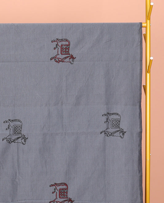 Grey Poly Cotton Saree, Adorned with Pichwai Cow and Floral Print, a Self-Pallu, and a Contrast Warli Print Blouse